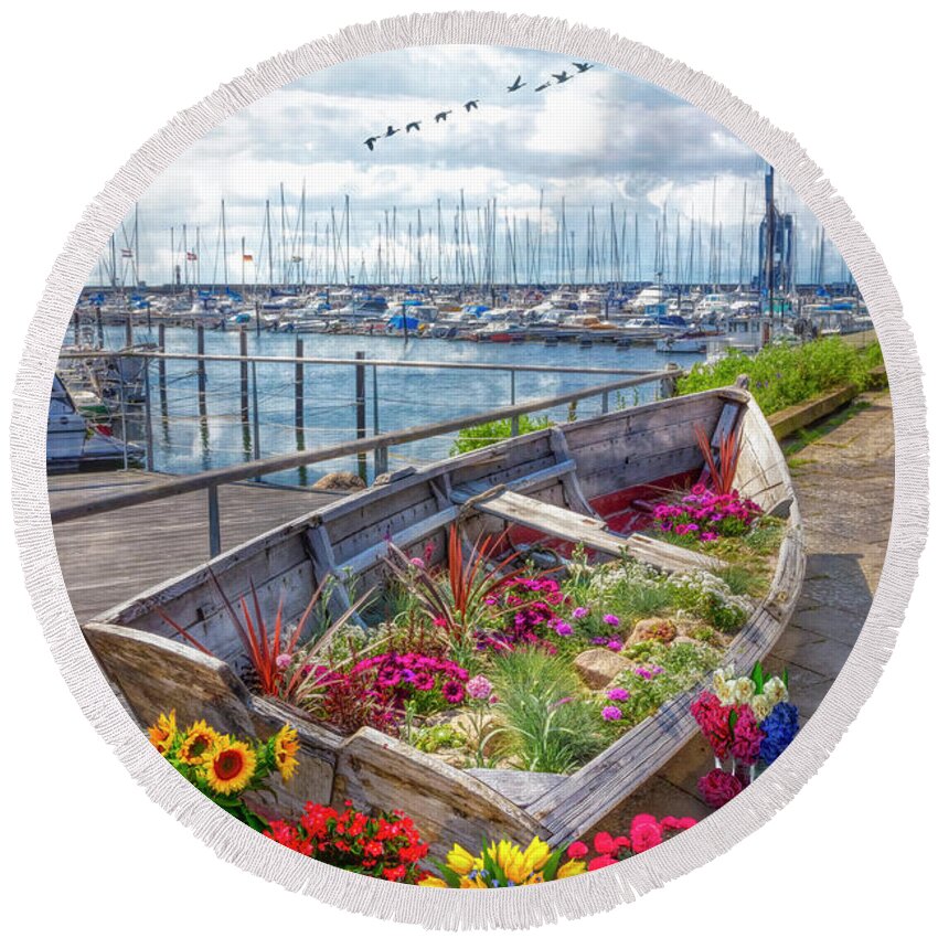Boats Round Beach Towel featuring the photograph Flowers in a Rowboat by Debra and Dave Vanderlaan