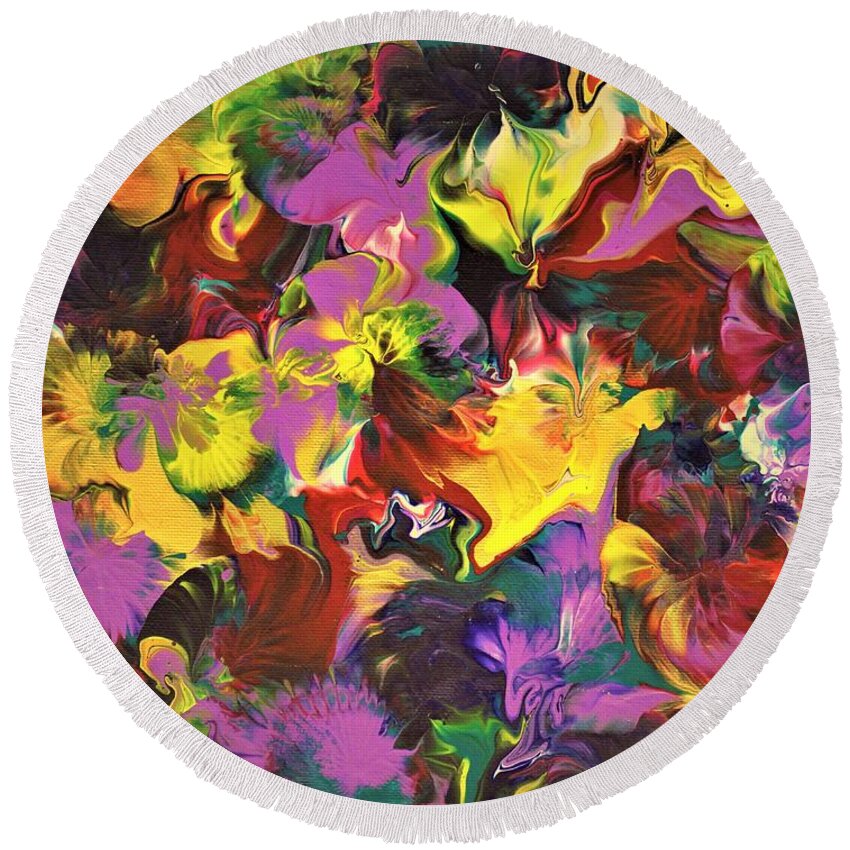Wall Art Abstract Painting Abstract Flowers Acrylic Painting Wall Décor Original Art Picture Painting Art For The Living Room Office Decor Gift Idea For Him Gift Idea For Her Round Beach Towel featuring the painting Flowers of Fantasy by Tanya Harr