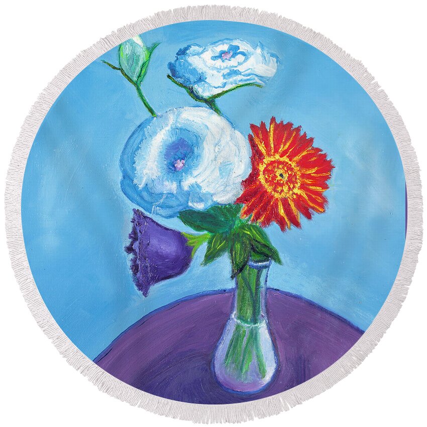 Still Life Round Beach Towel featuring the painting Flowers on a Table by Santana Star
