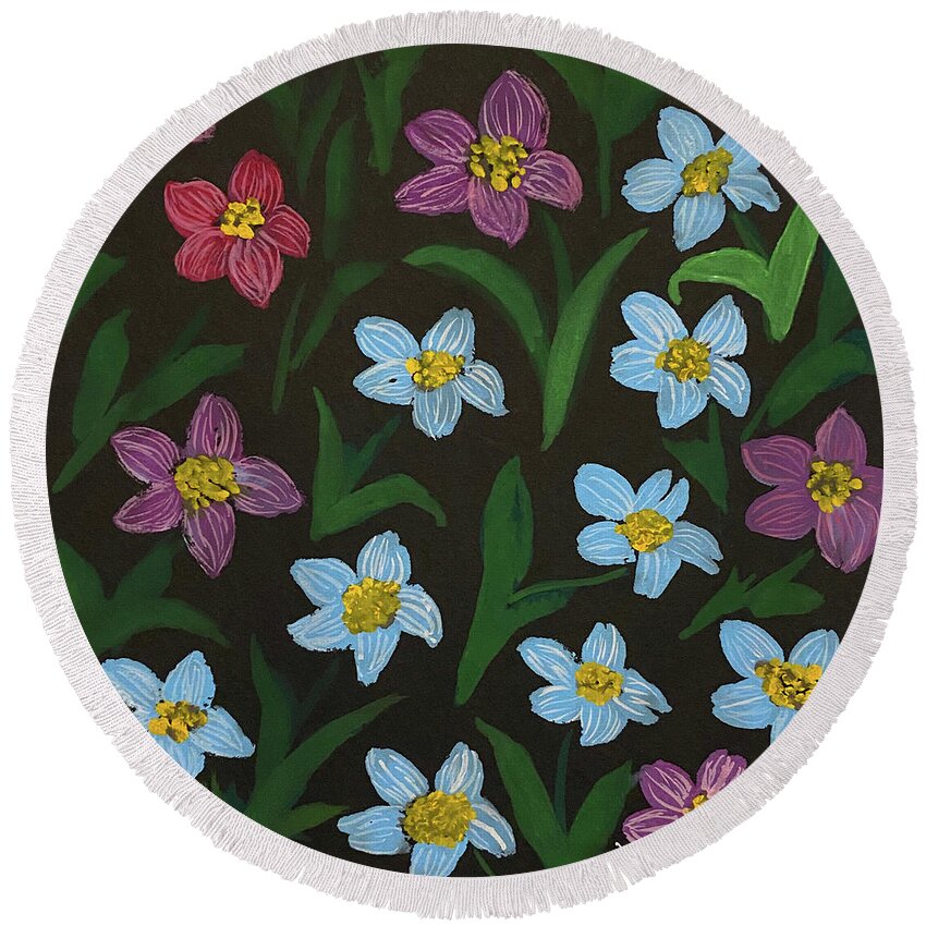Flowers Round Beach Towel featuring the painting Flowers on Black by Lisa Neuman