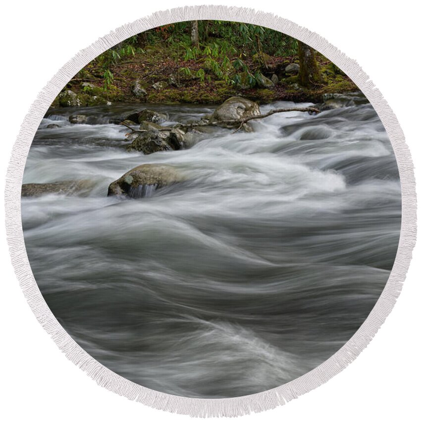 Cascades Round Beach Towel featuring the photograph Flowing Through the Forest by Phil Perkins