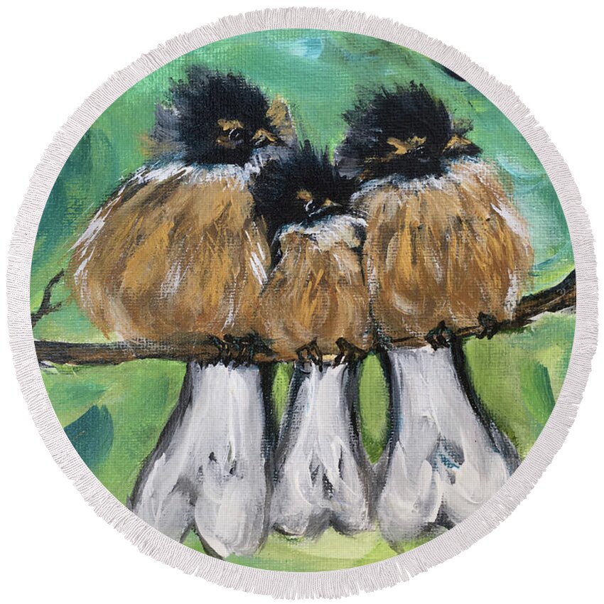 Birds Round Beach Towel featuring the painting Fluffies by Roxy Rich