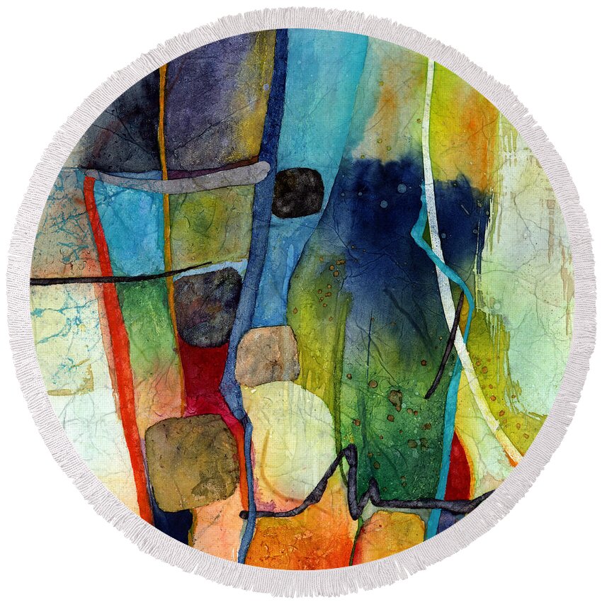 Abstract Round Beach Towel featuring the painting Fluvial Mosaic - Cyan by Hailey E Herrera