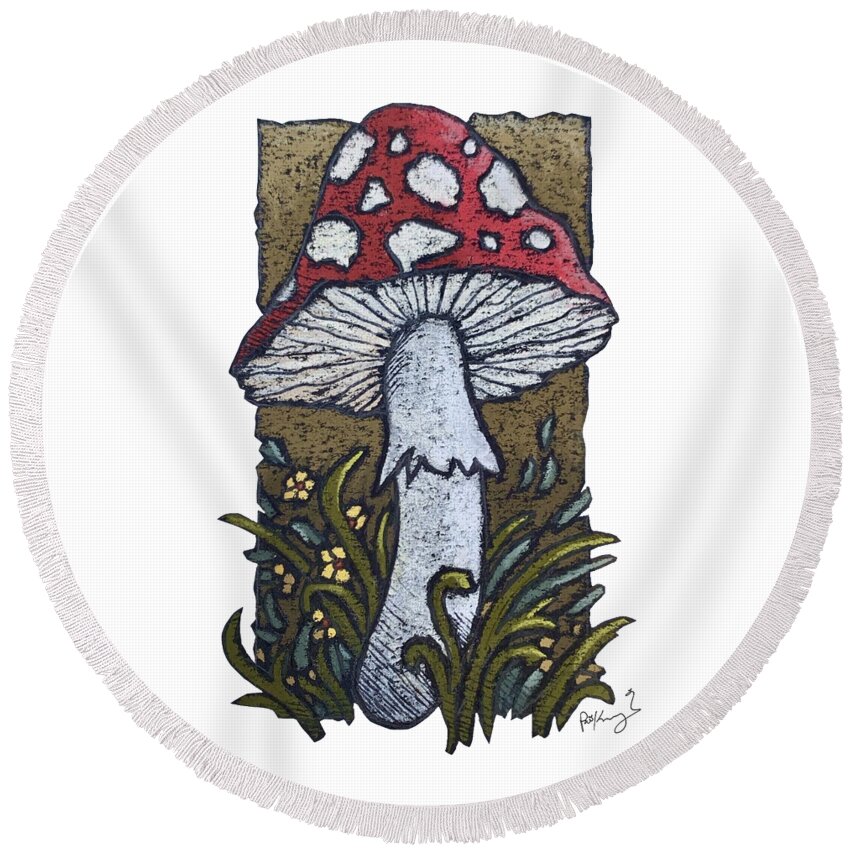 Mushroom Round Beach Towel featuring the pastel Fly Agaric by Patrick Kochanasz