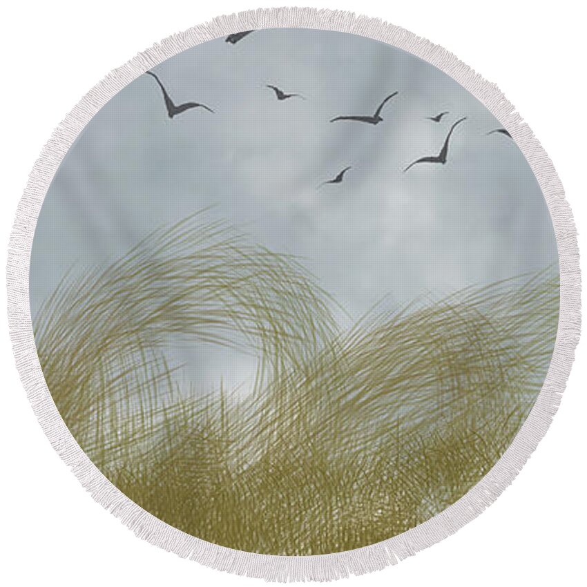 Birds Round Beach Towel featuring the digital art Fly over the rushes by Bentley Davis