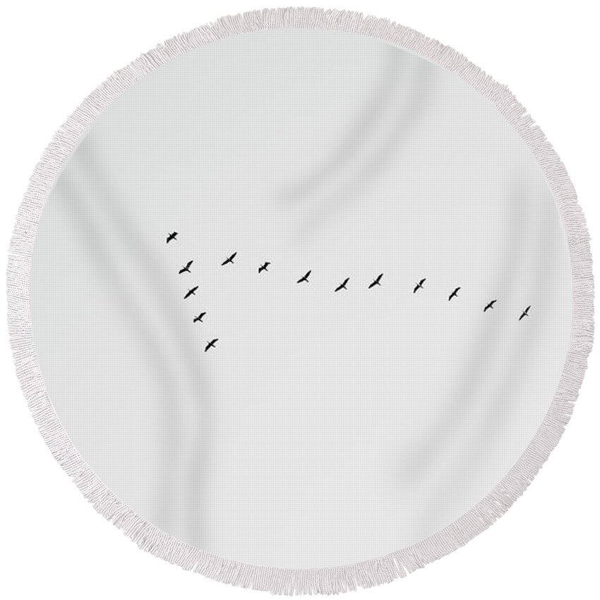 Minimalist Round Beach Towel featuring the photograph Flying Birds by Martin Vorel Minimalist Photography