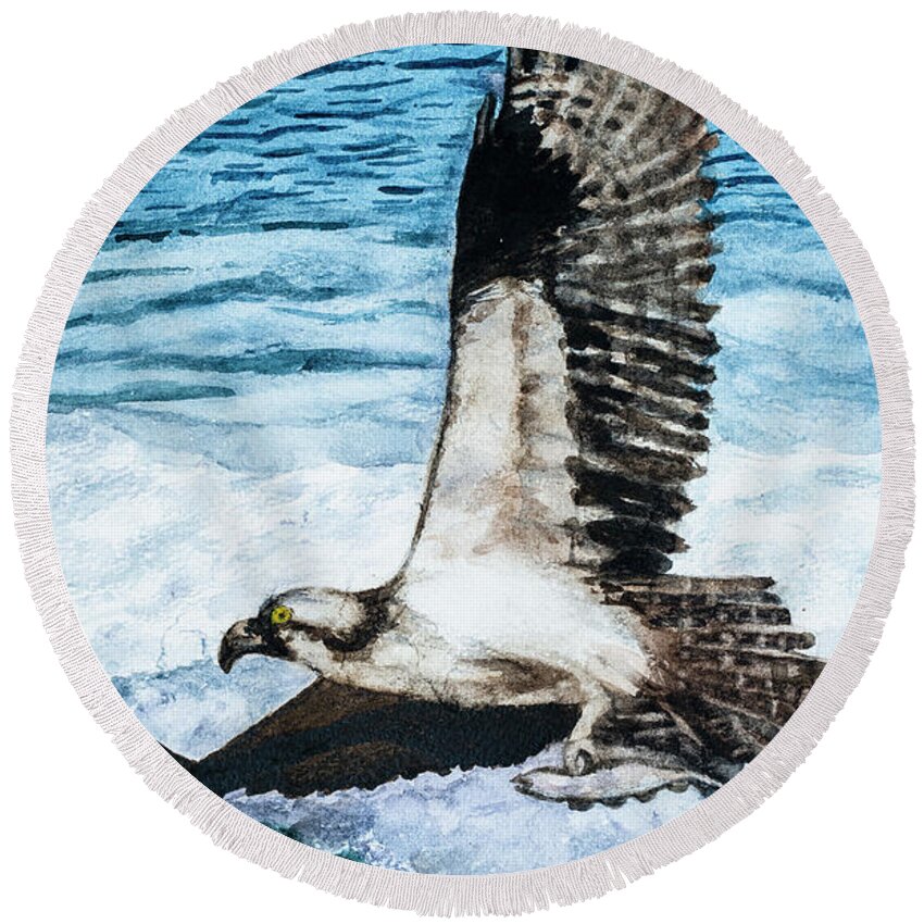 American Bald Eagles Round Beach Towel featuring the painting Flying Home With Dinner - Watercolor Art by Sher Nasser