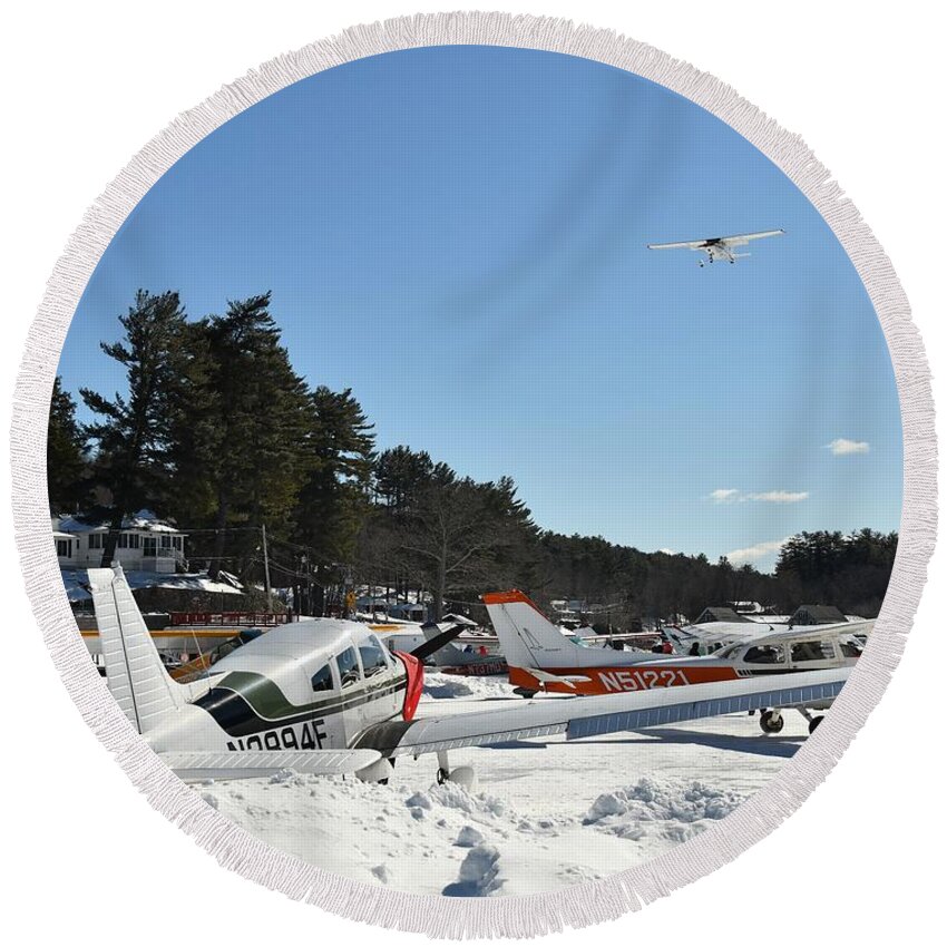 Ice Runway Round Beach Towel featuring the photograph Flying Over the Big Lake by Steve Brown