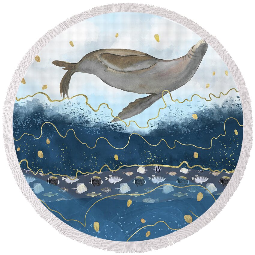 Watercolor Round Beach Towel featuring the digital art Flying Seal - Rising Waters Surreal Climate Change by Andreea Dumez