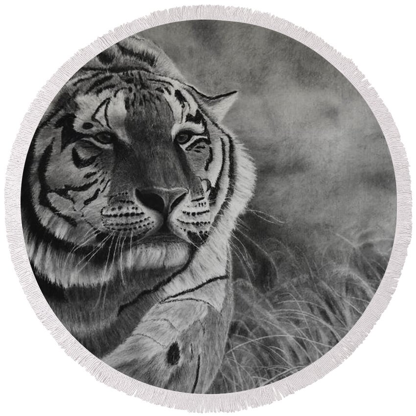Tiger Round Beach Towel featuring the drawing Focus by Greg Fox