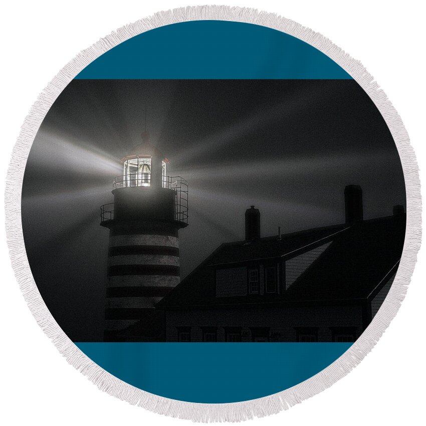 West Quoddy Head Light Round Beach Towel featuring the photograph Fog and Moonlight At West Quoddy Head Lighthouse by Marty Saccone