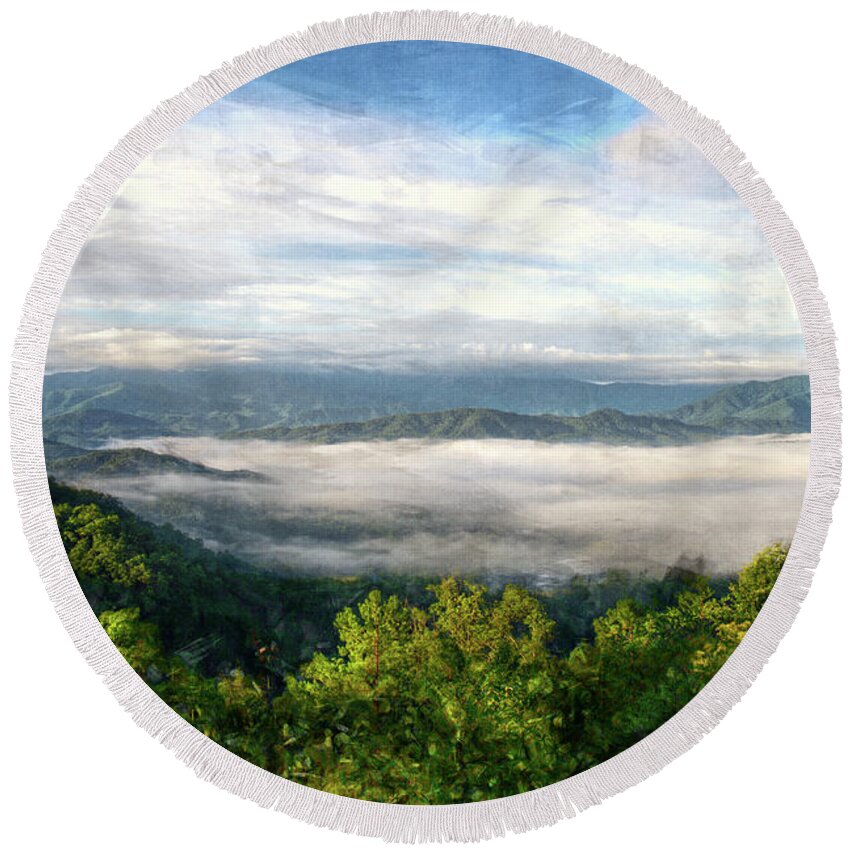 Fog Round Beach Towel featuring the photograph Fog in the Valley 2 by Phil Perkins
