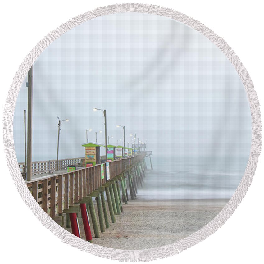 Fishing Round Beach Towel featuring the photograph Foggy Evening at Emerald Isle North Carolina by Bob Decker