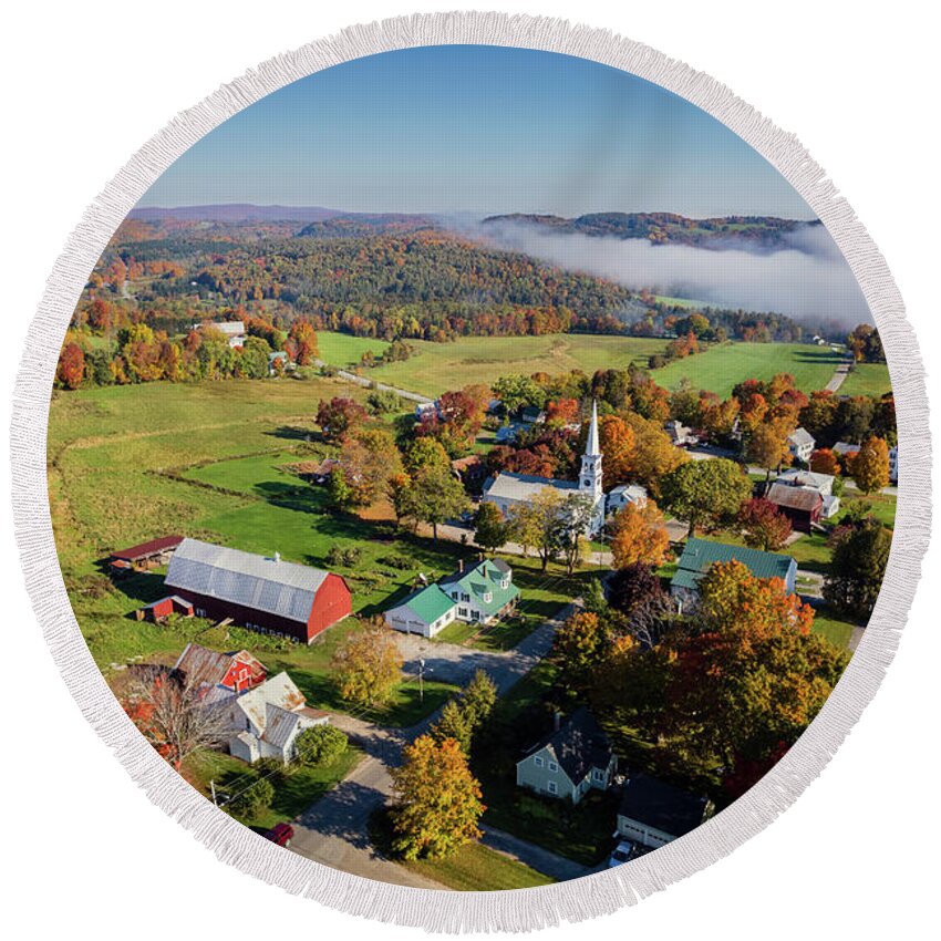 Vermont Round Beach Towel featuring the photograph Foggy Fall Foliage Morning in Peacham, Vermont - October 2021 by John Rowe