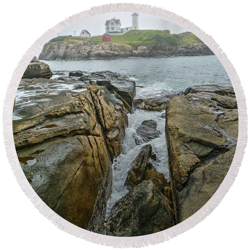 Fog Round Beach Towel featuring the photograph Foggy Morning at the Nubble by Steve Brown