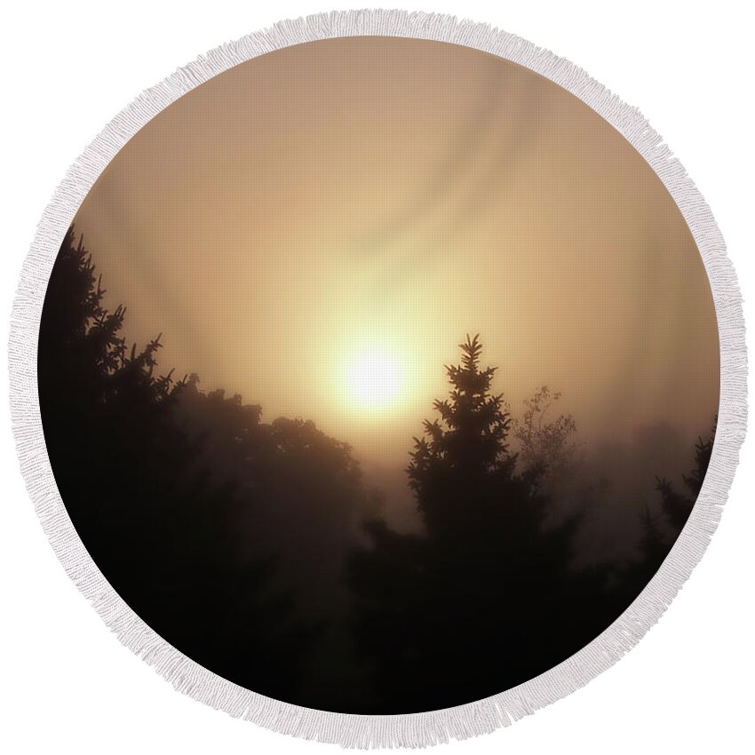 Sunrise Round Beach Towel featuring the photograph Foggy Sunrise by Phil Perkins