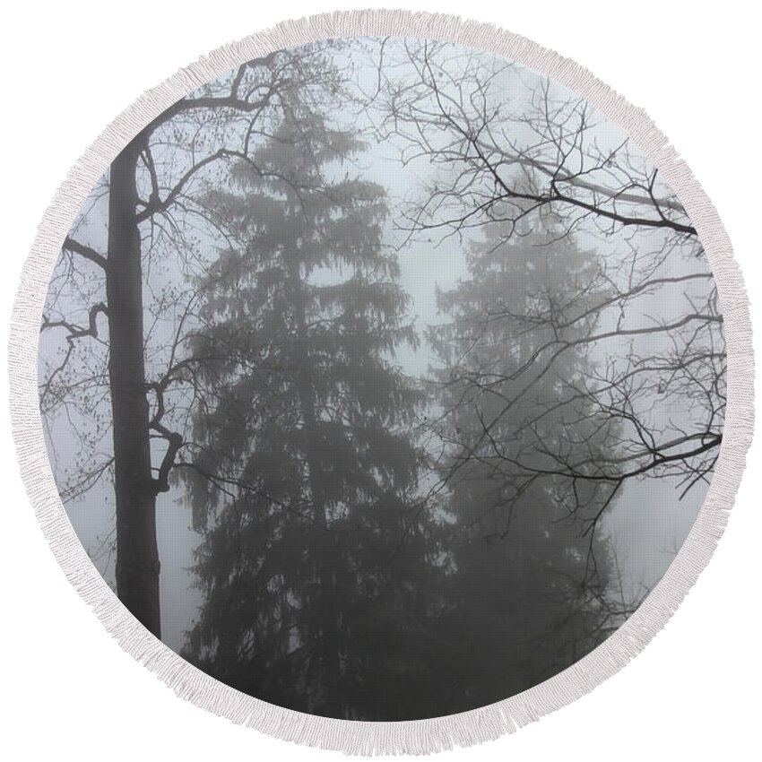 Winter Round Beach Towel featuring the photograph Foggy Twins by Karen Adams