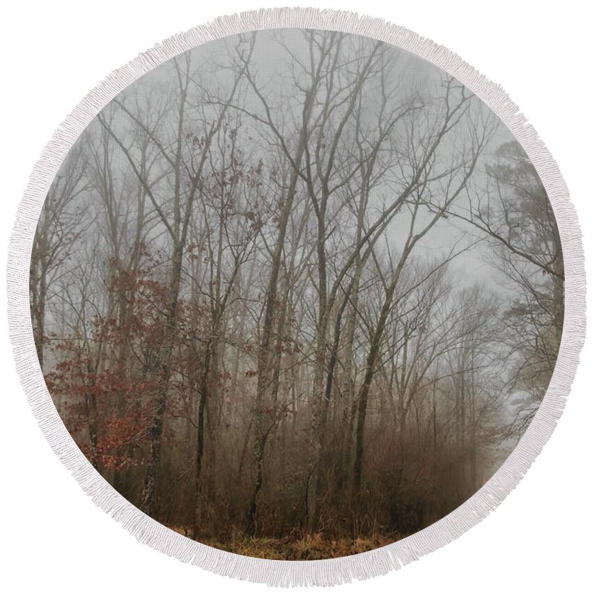 Tree Round Beach Towel featuring the photograph Foggy Winter Morning by Elaine Malott