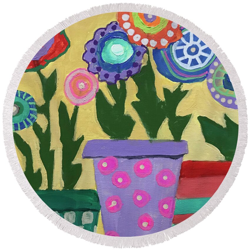 Acrylics On Linen Canvas Round Beach Towel featuring the painting Folk Art Flowers #1 by Theresa Honeycheck