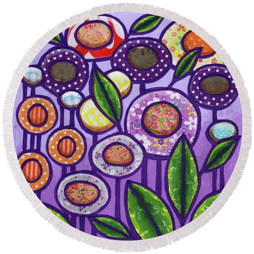 Abstract Round Beach Towel featuring the painting Folk Art Garden Flowers 8 by Amy E Fraser