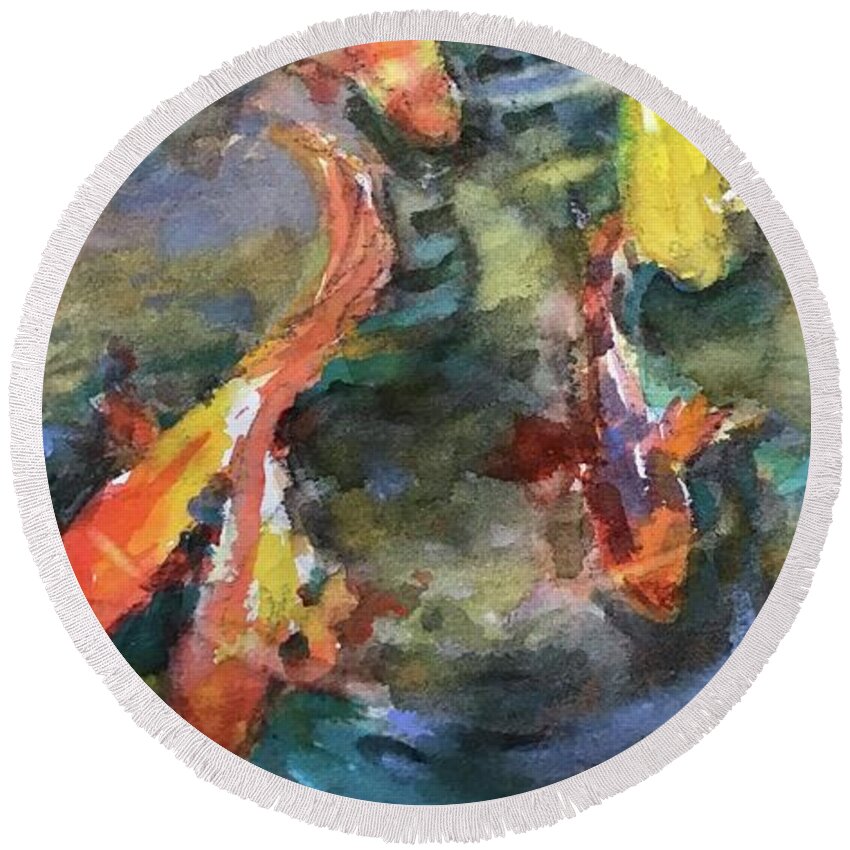 Koi Round Beach Towel featuring the painting Follow the Leader by Judith Levins