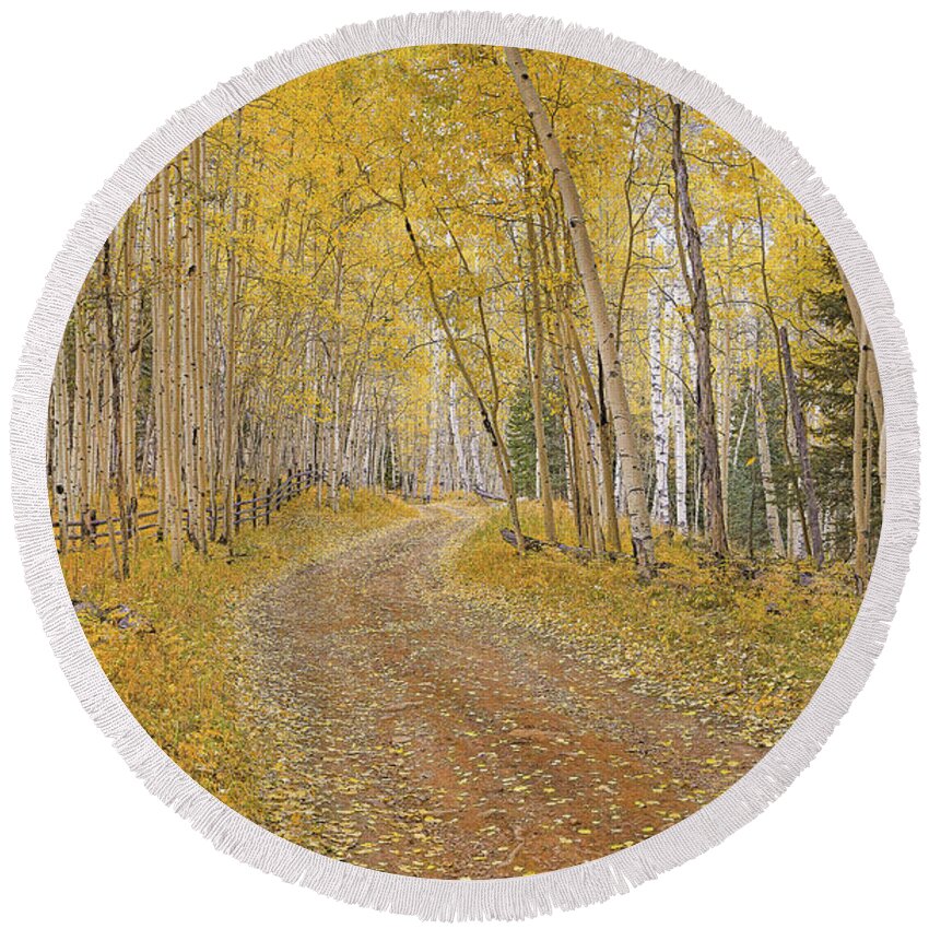 Fall Round Beach Towel featuring the photograph follow the Yellow Leaf Road by Melissa Lipton