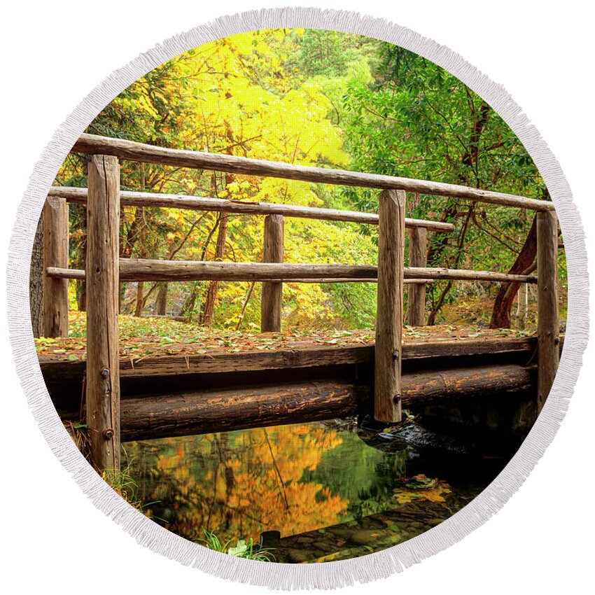 Usa Round Beach Towel featuring the photograph Footbridge at Applegate River by Randy Bradley
