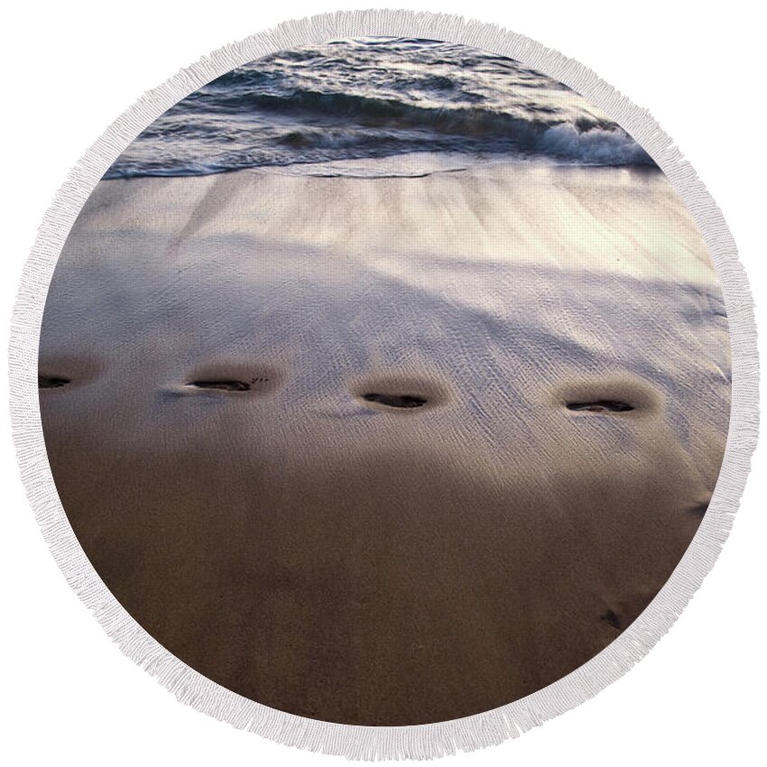 Footprints Round Beach Towel featuring the photograph Footprints by Naomi Maya