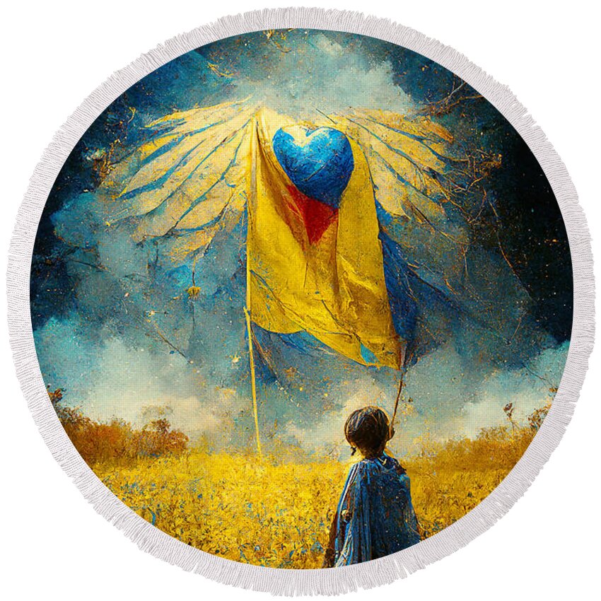 Angel Of Peace Round Beach Towel featuring the painting For the children of Ukraine by Vart