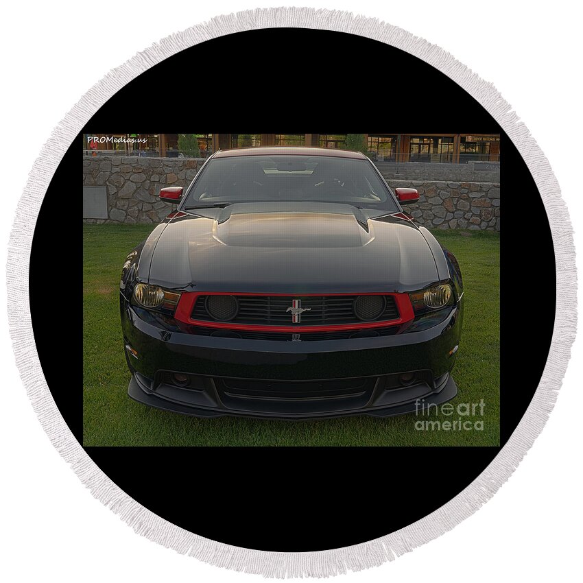2012 Ford Boss 302 Laguna Seca Mustang Round Beach Towel featuring the photograph Ford 2012 Laguna Seca Boss 302 Mustang front by PROMedias US