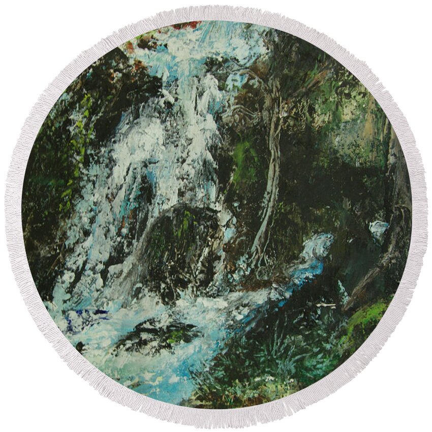 Landscape Round Beach Towel featuring the painting Forest Cascade by Jeanette French