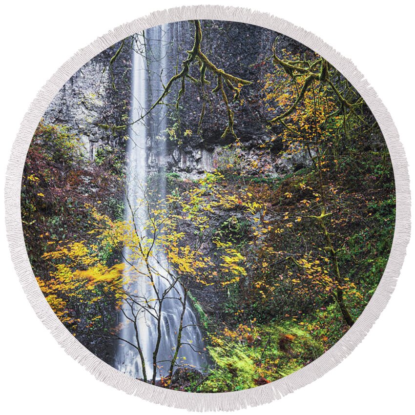 Forest Round Beach Towel featuring the photograph Forest Falls by Ryan Weddle