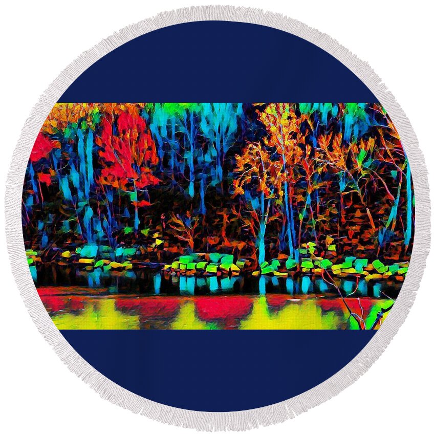 Forest Round Beach Towel featuring the painting Forest Reflections by Ally White
