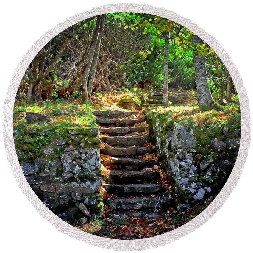 Forest Round Beach Towel featuring the photograph Forest Stairway by Allen Nice-Webb