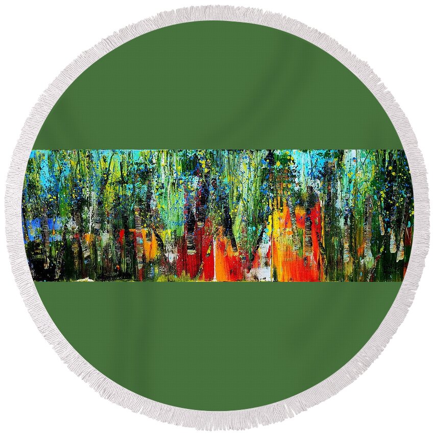 Abstract Round Beach Towel featuring the painting Forest Summer Rain by J Vincent Scarpace