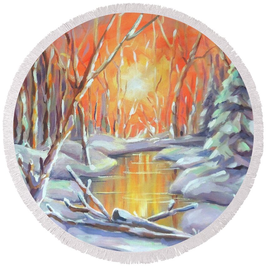 Winter Round Beach Towel featuring the painting Forest Sunrise in Winter by Nancy Griswold