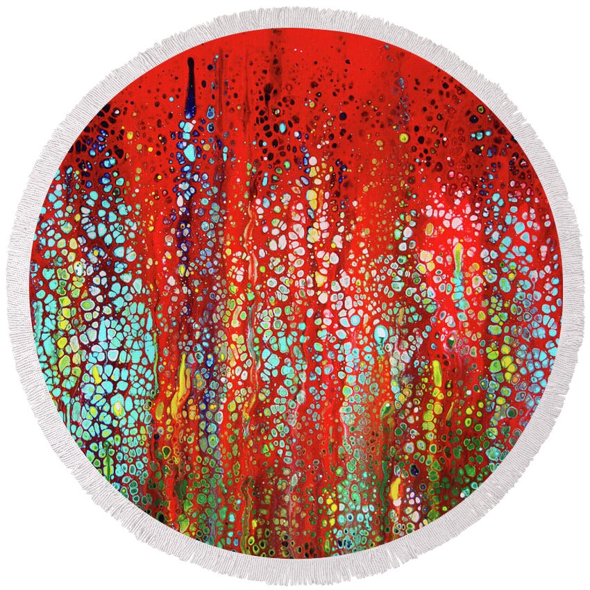 Abstract Round Beach Towel featuring the painting Forever a Red by Karen Adams