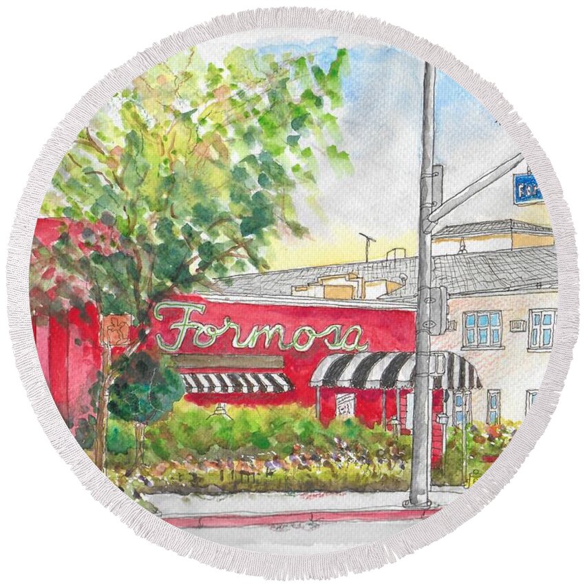 Formosa Cafe Round Beach Towel featuring the painting Formosa Cafe in Santa Monica Blvd., Hollywood, California by Carlos G Groppa