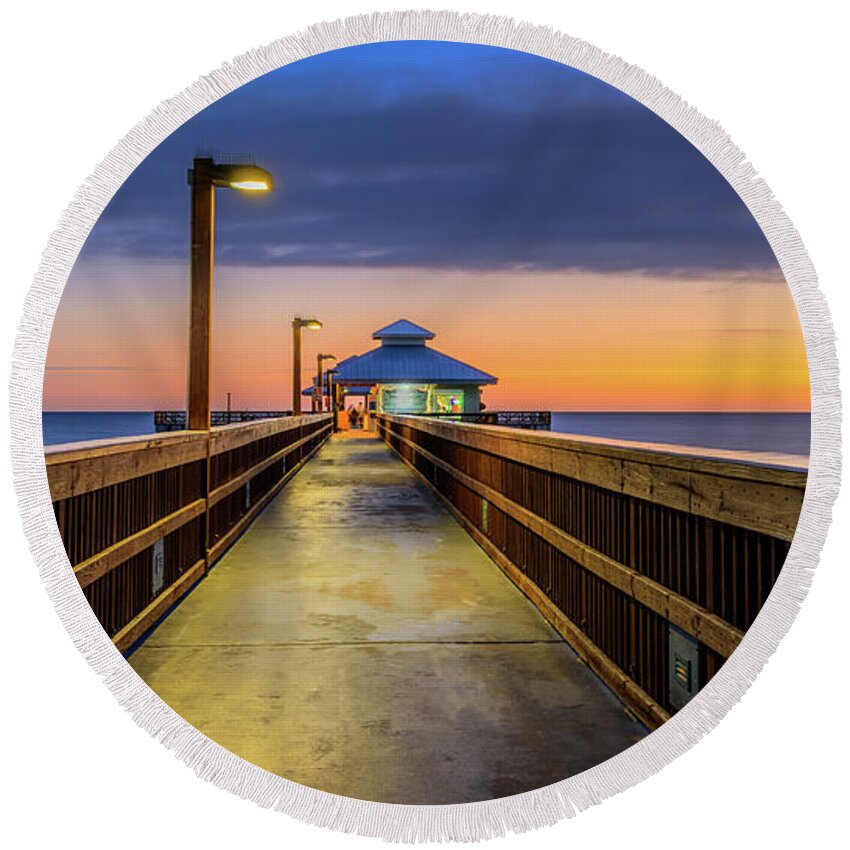 Florida Round Beach Towel featuring the photograph Fort Myers Sunset Beach Pier, Florida by Dee Potter