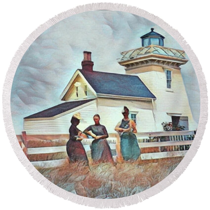 Lighthouse Round Beach Towel featuring the digital art Fort Point Lighthouse, LaHave NS by Art MacKay