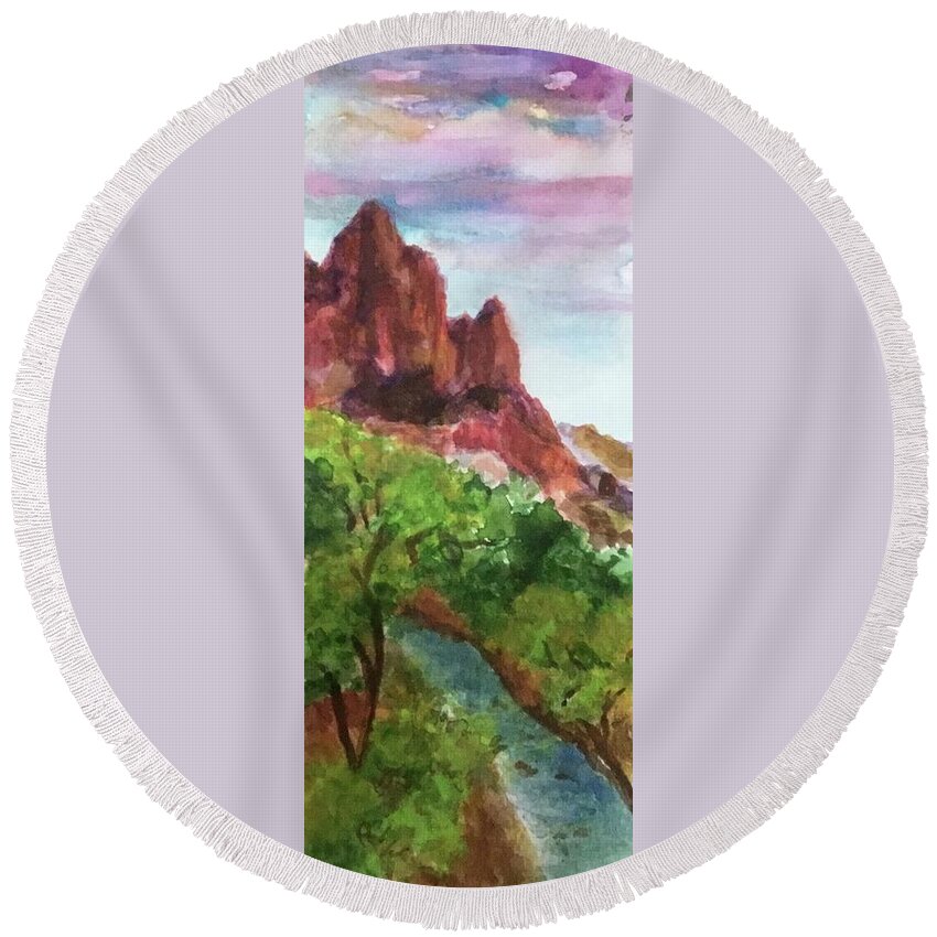 Utah Round Beach Towel featuring the painting Fortress of Zion by Cheryl Wallace