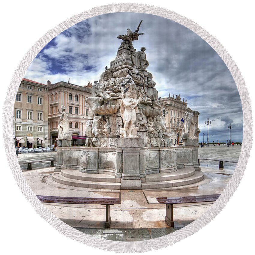 Italy Round Beach Towel featuring the photograph Fountain of the Four Continents - Trieste - Italy by Paolo Signorini