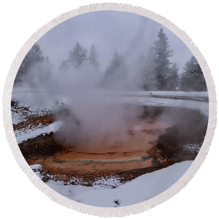 Yellowstone National Park Round Beach Towel featuring the photograph Fountain Paint Pots I by Cheryl Strahl