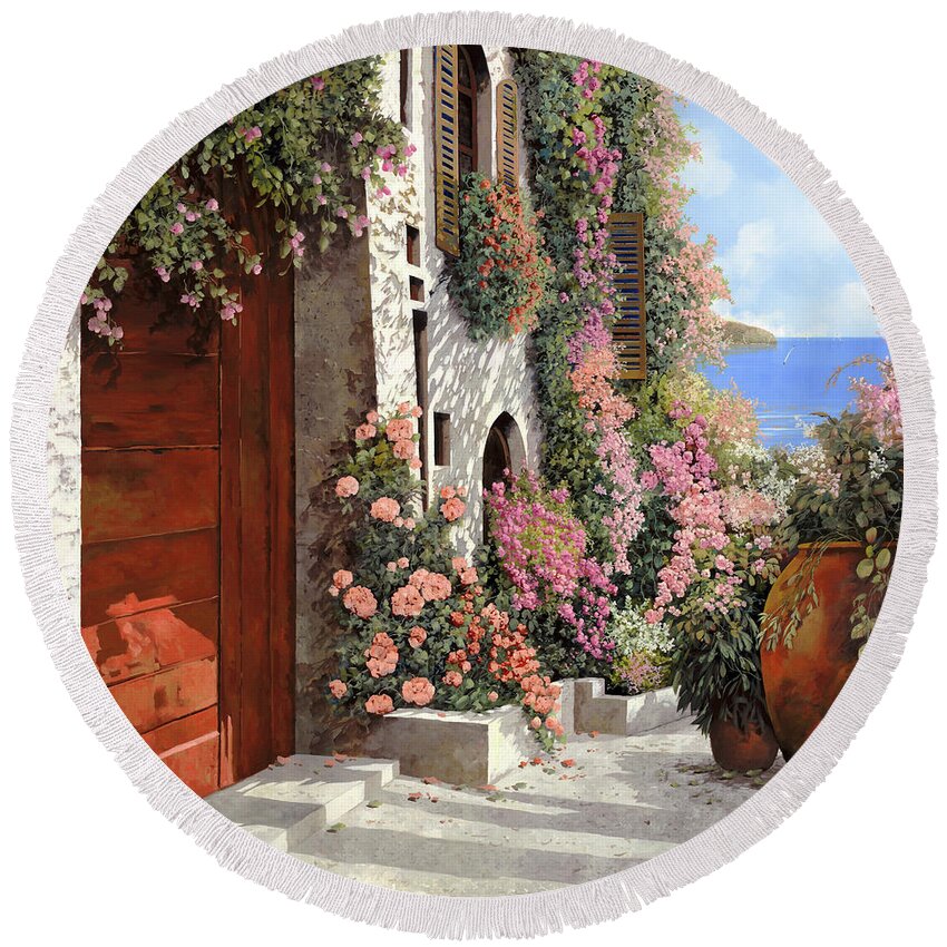 4 Seasons Round Beach Towel featuring the painting four seasons- spring in Tuscany by Guido Borelli