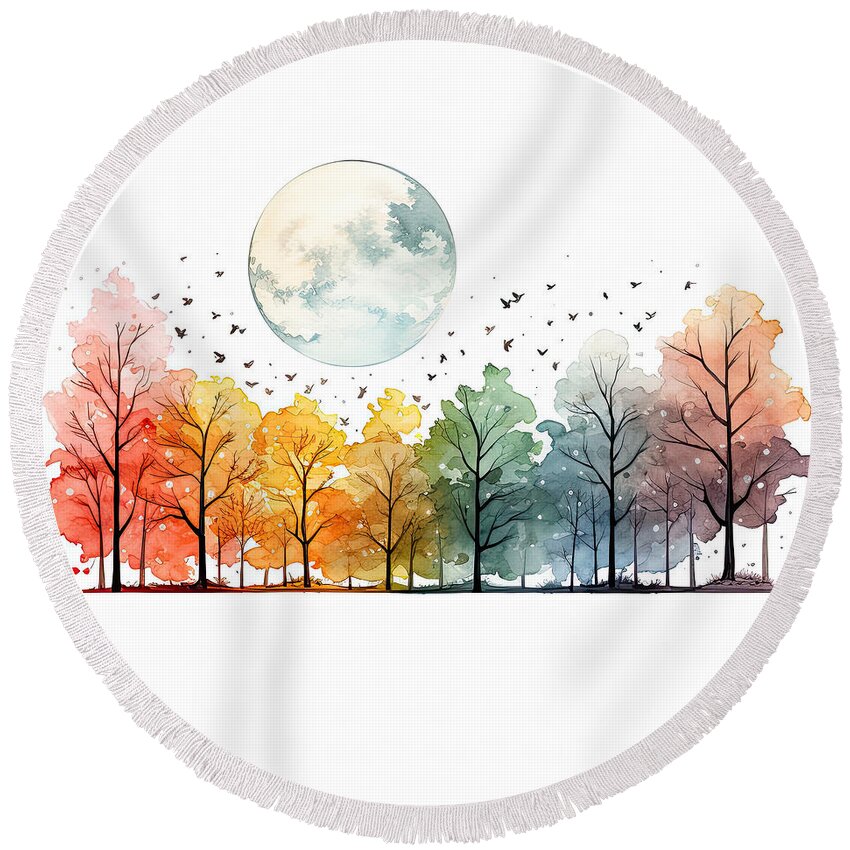 Four Seasons Round Beach Towel featuring the painting Four Seasons Wonderland - Four Seasons Paintings by Lourry Legarde