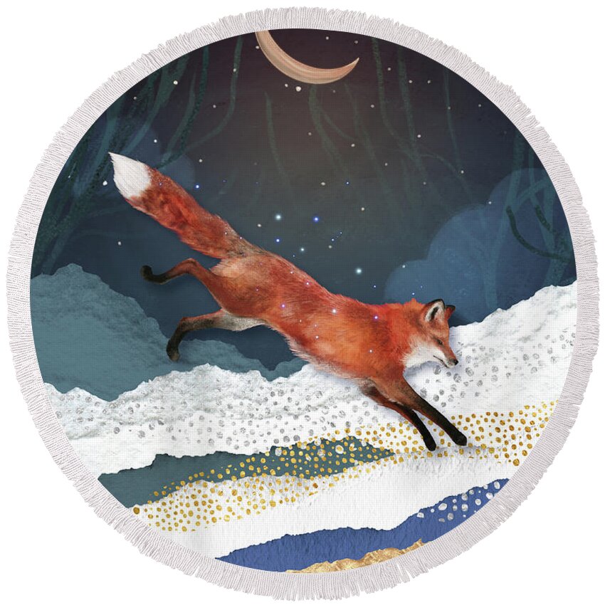 Fox And Moon Round Beach Towel featuring the painting Fox And Moon by Garden Of Delights