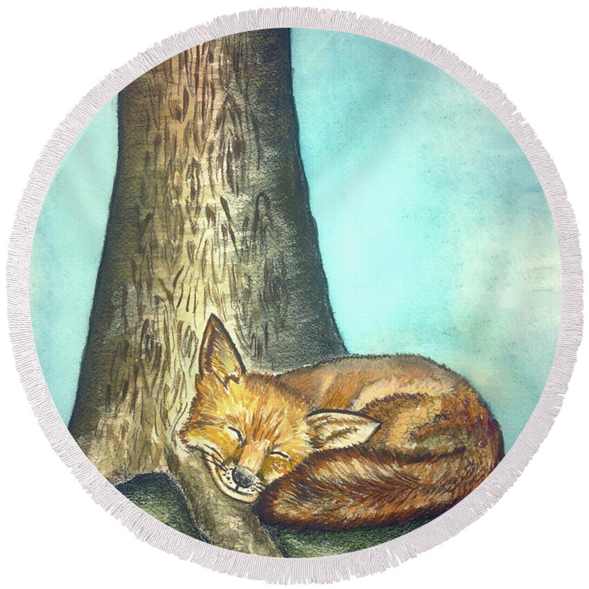 Nature Round Beach Towel featuring the painting Fox And Tree by Christina Wedberg