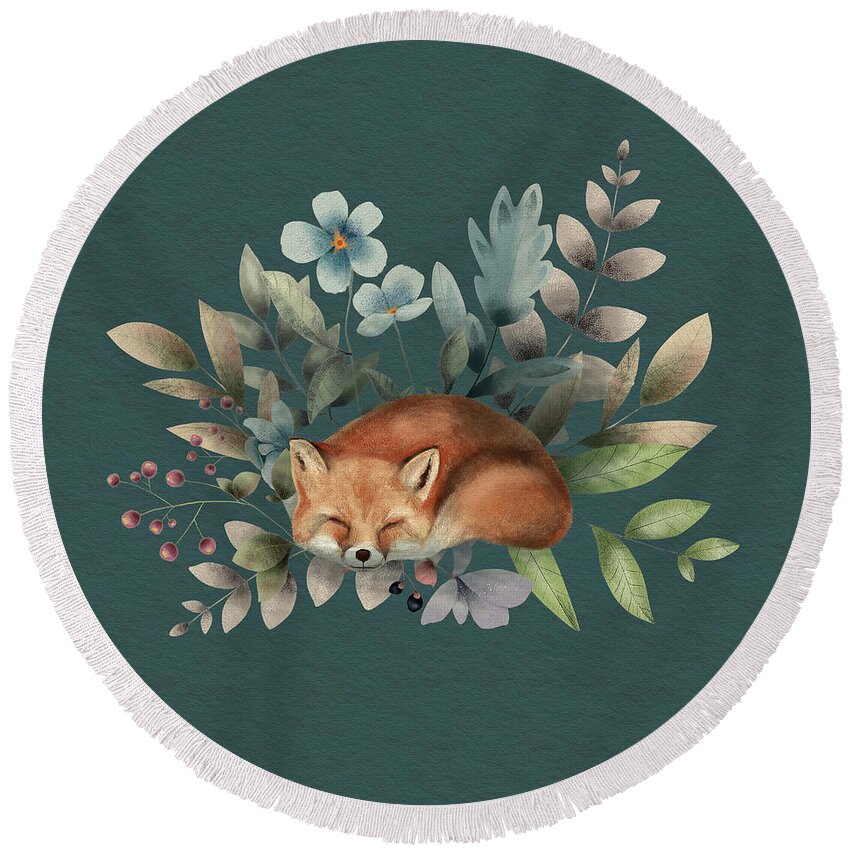 Fox Round Beach Towel featuring the painting Fox With Flowers by Garden Of Delights