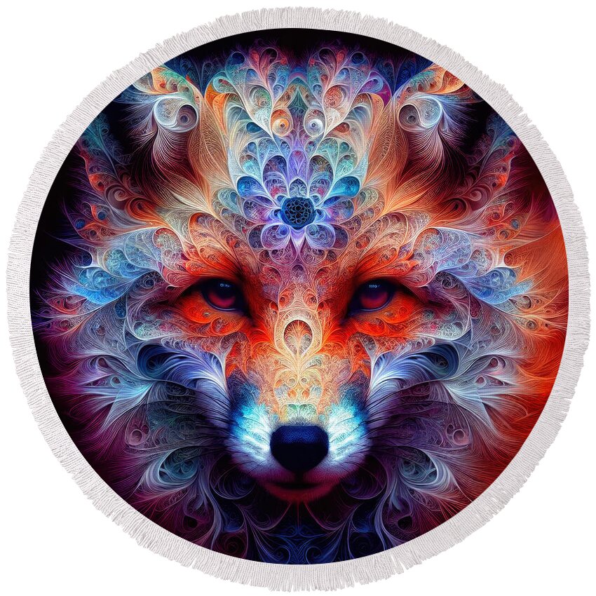 Fractal Round Beach Towel featuring the photograph Fractal Elegance - The Vivid Red Fox by Bill and Linda Tiepelman