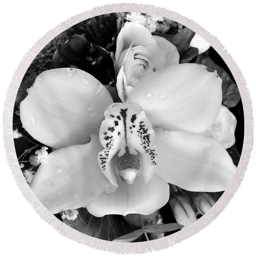 Nature Round Beach Towel featuring the photograph Fragrance of White Orchid 002BNW by Leonida Arte